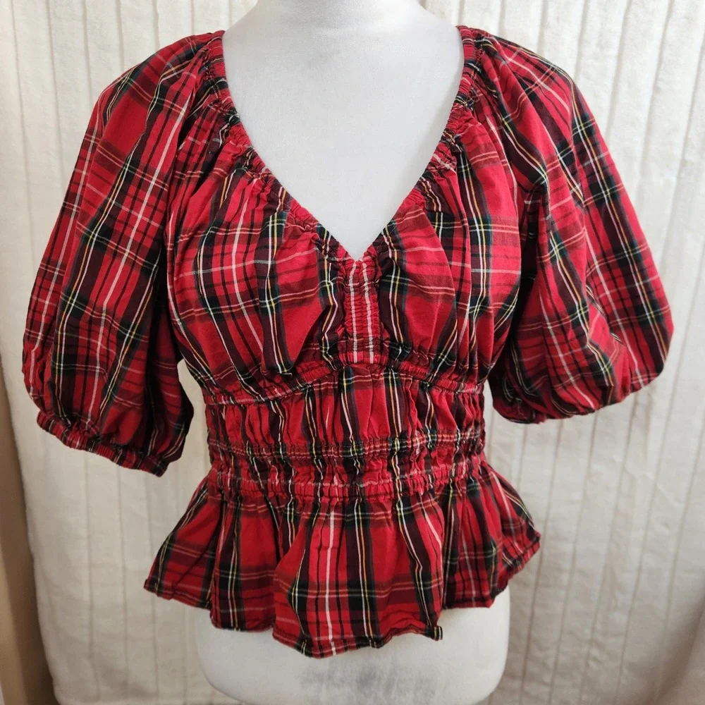 Old Navy Top Red Plaid Tartan Smocked Puff Sleeve Peplum  Preppy Academia Size M